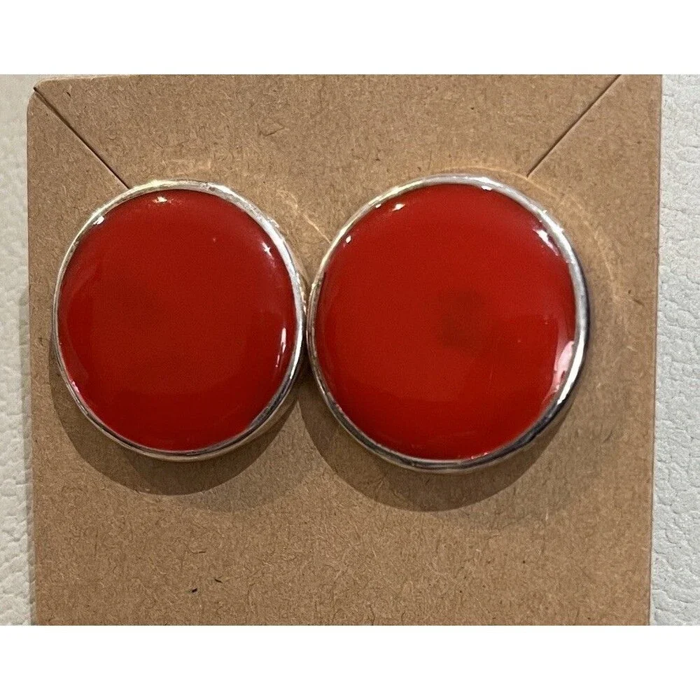 Vintage Red & Silver Tone Earrings Round 1 Inch Pierced 90s Retro Enamel